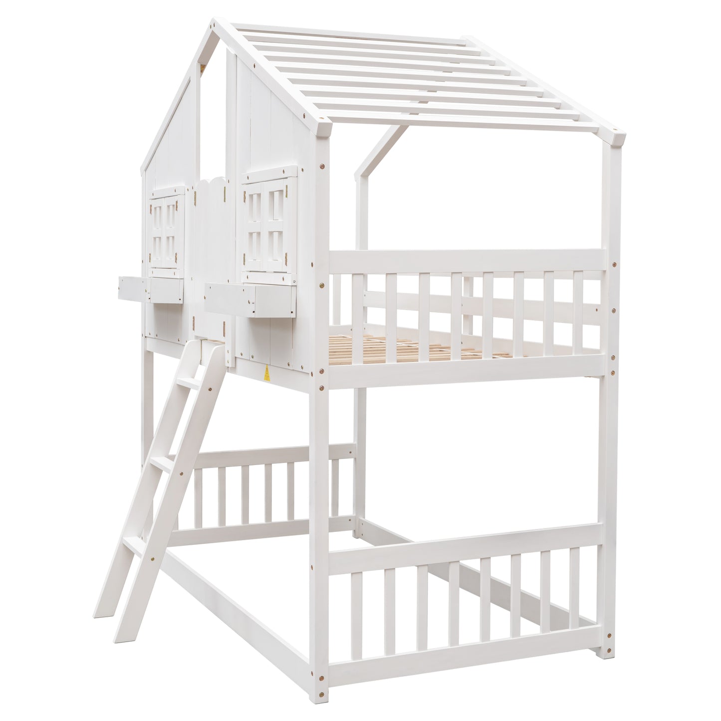 Twin over Twin House Bunk Bed with Roof , Window, Window Box, Door , with Safety Guardrails and Ladder,White