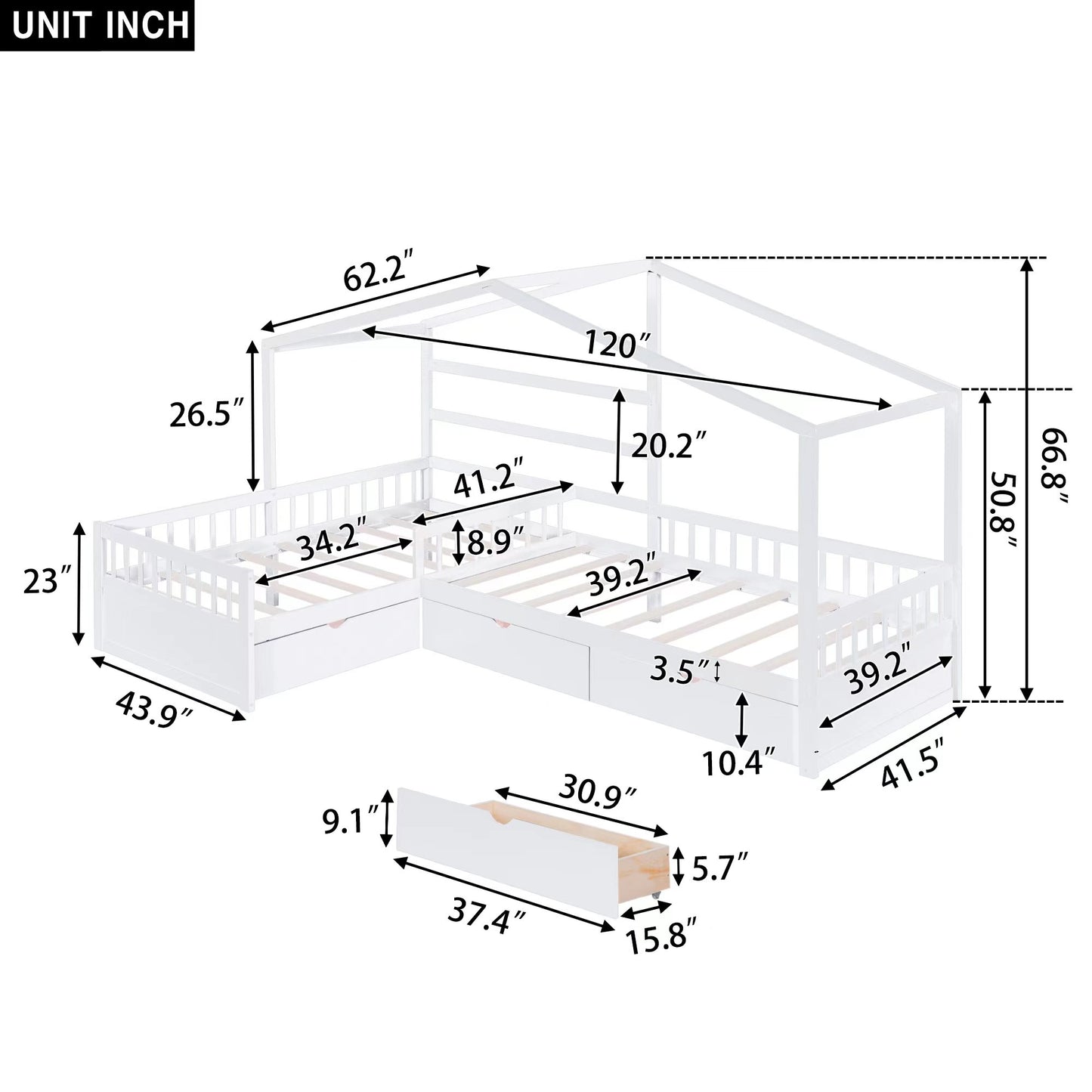 Twin Size House Platform Bed with Three Storage Drawers White