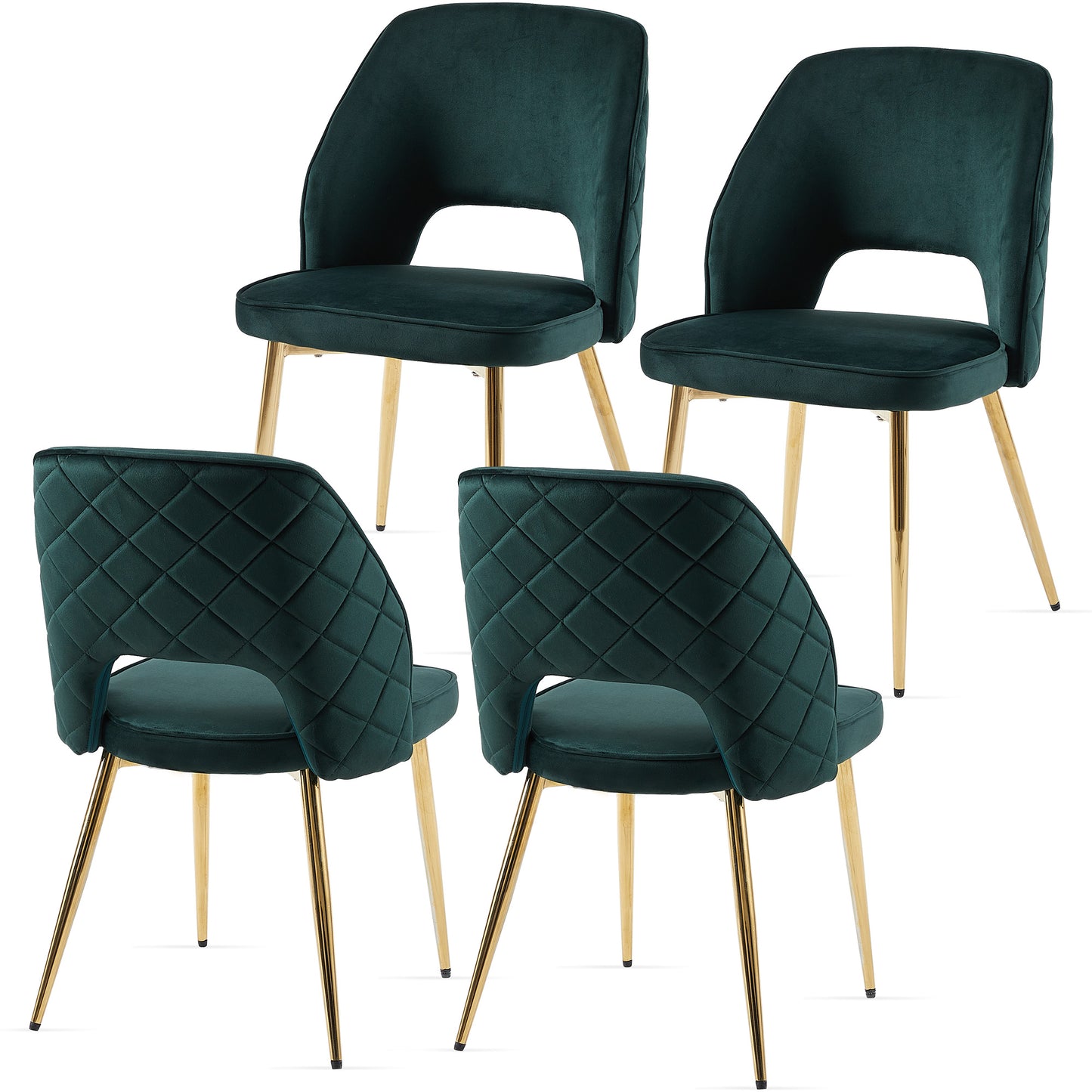 Dark Green Velvet Dining Chairs with Metal Legs and Hollow Back, Set of 4 for Modern Dining Rooms