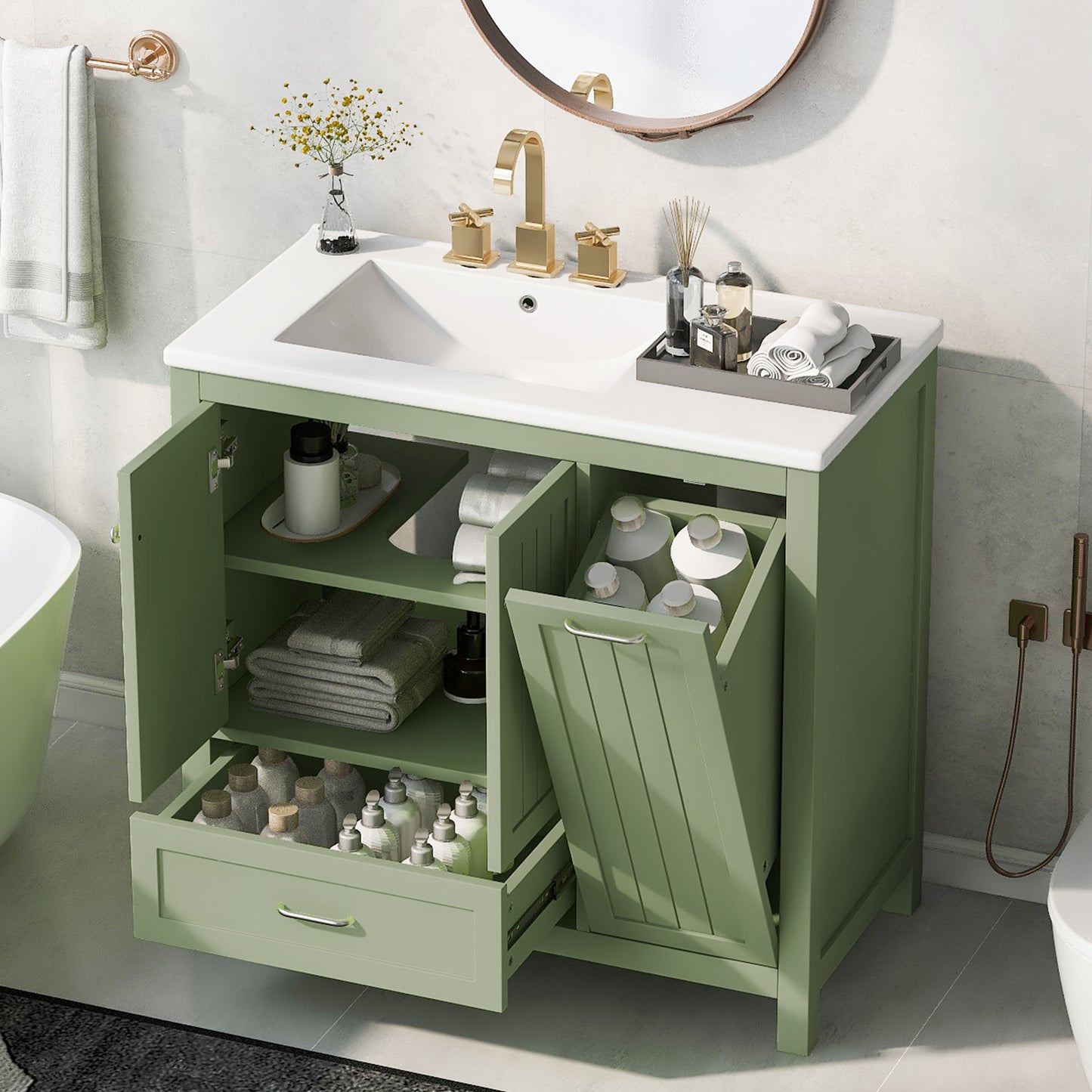 36" Bathroom Vanity with Sink, Double Door Cabinet, Large Drawer, and Flip Drawer, Green Finish