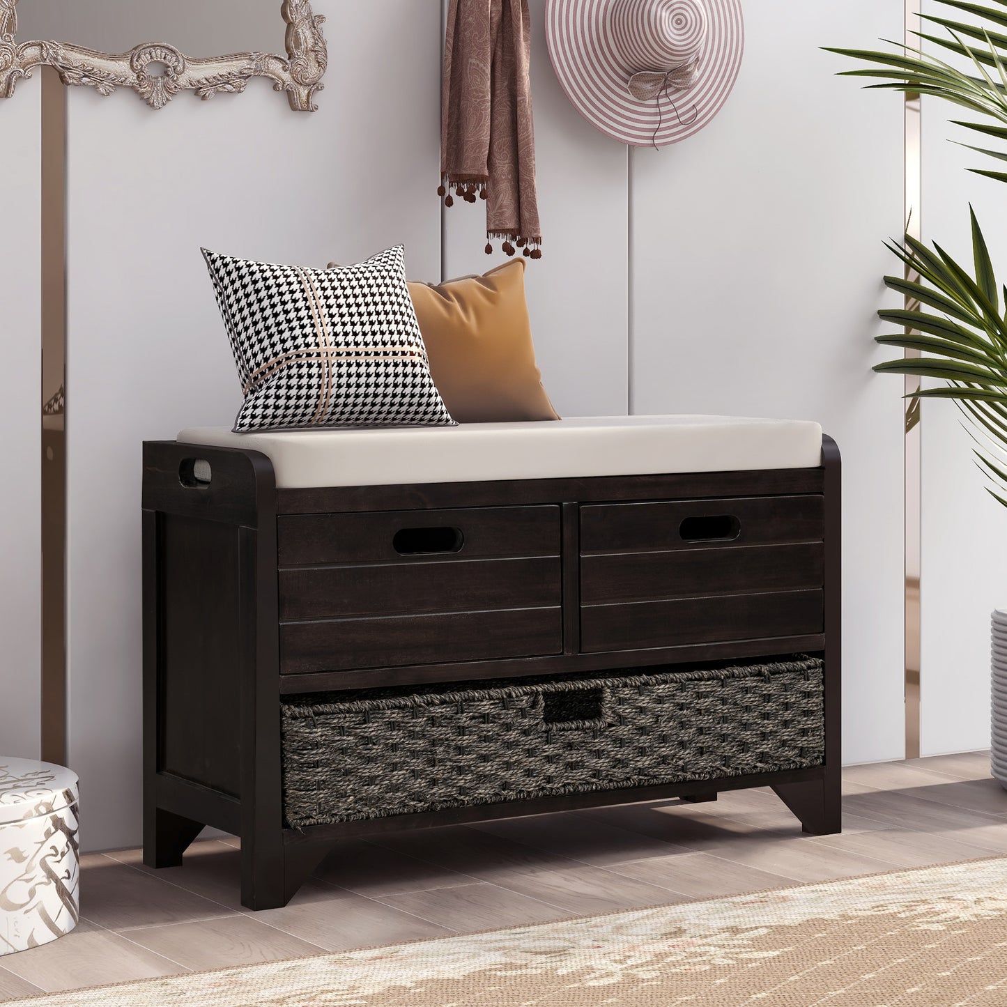 TREXM Storage Bench with Removable Basket and 2 Drawers, Fully Assembled Shoe Bench in Espresso Finish