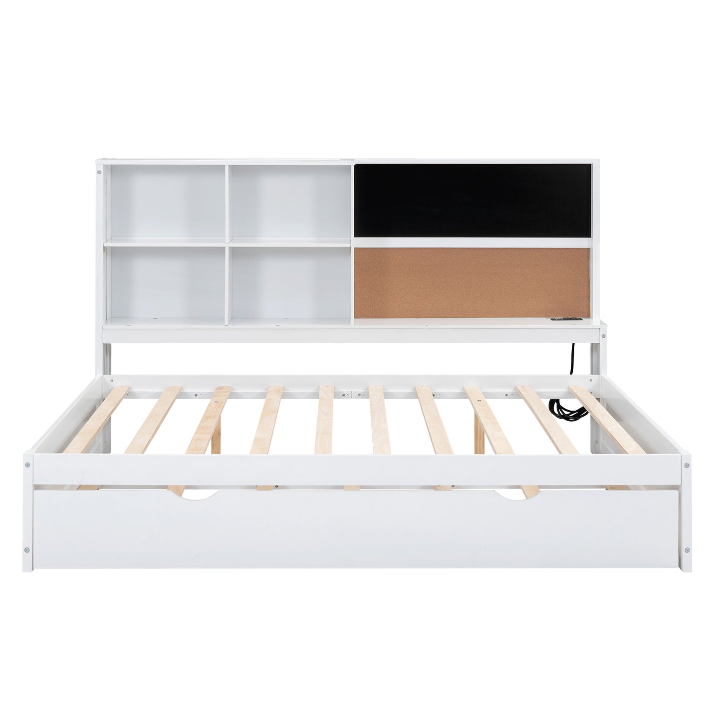 Full Size Daybed with Storage Shelves, Blackboard, Cork board, USB Ports and Twin Size Trundle  White