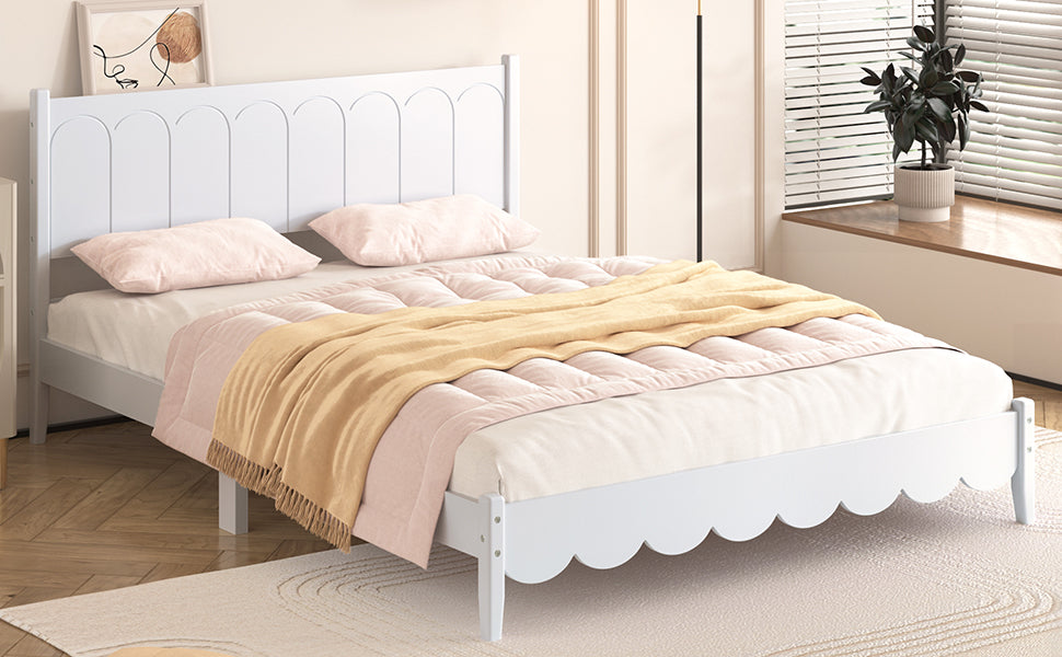 Queen Size Wood Platform Bed Frame, Retro Style Bed with Rectangular Headboard,No Need Box Spring,White