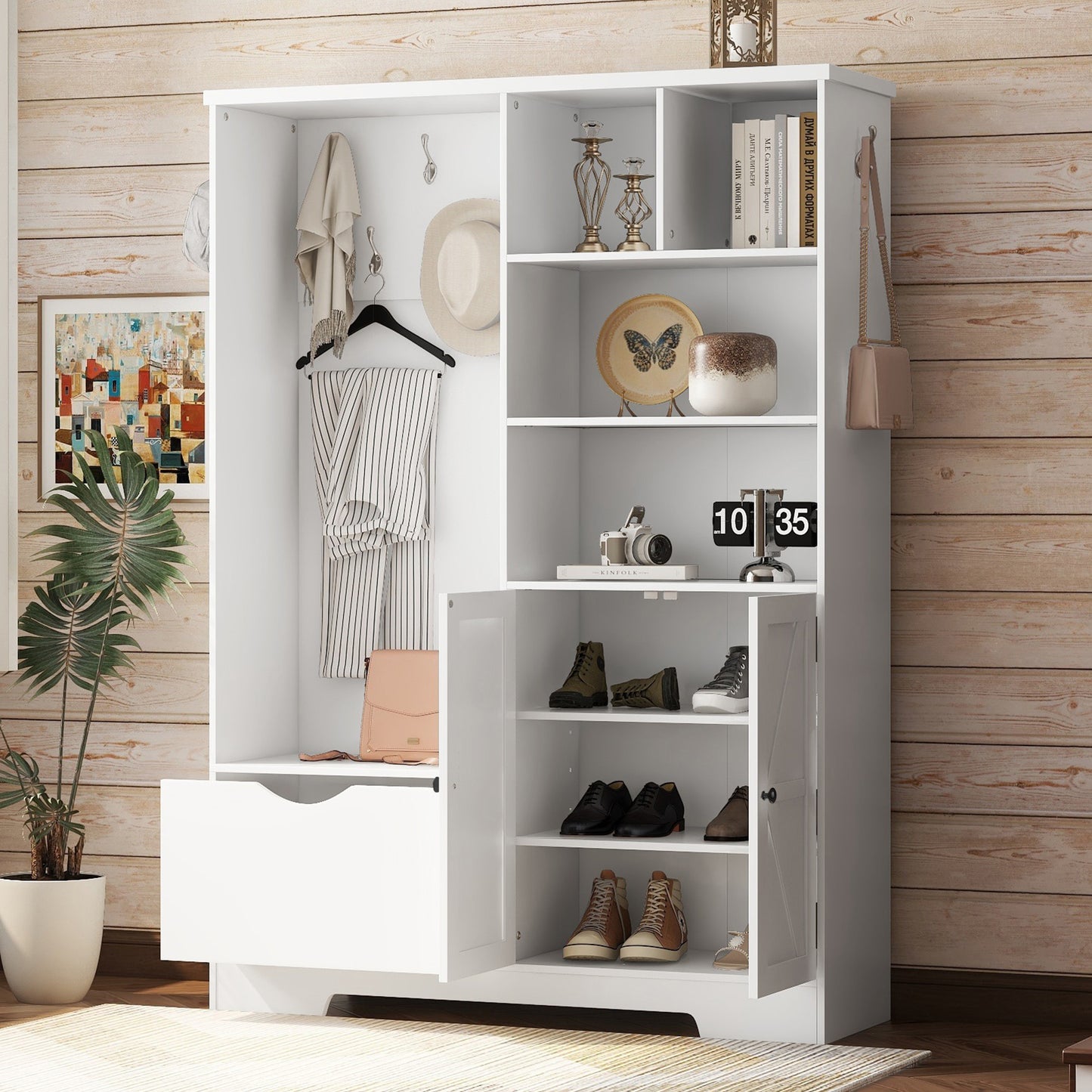 Multi-functional Hall Tree with Storage Shelves Drawers Cabinet Elegant Hallway Shoe Cabinet with Bench Modern Coat Rack White