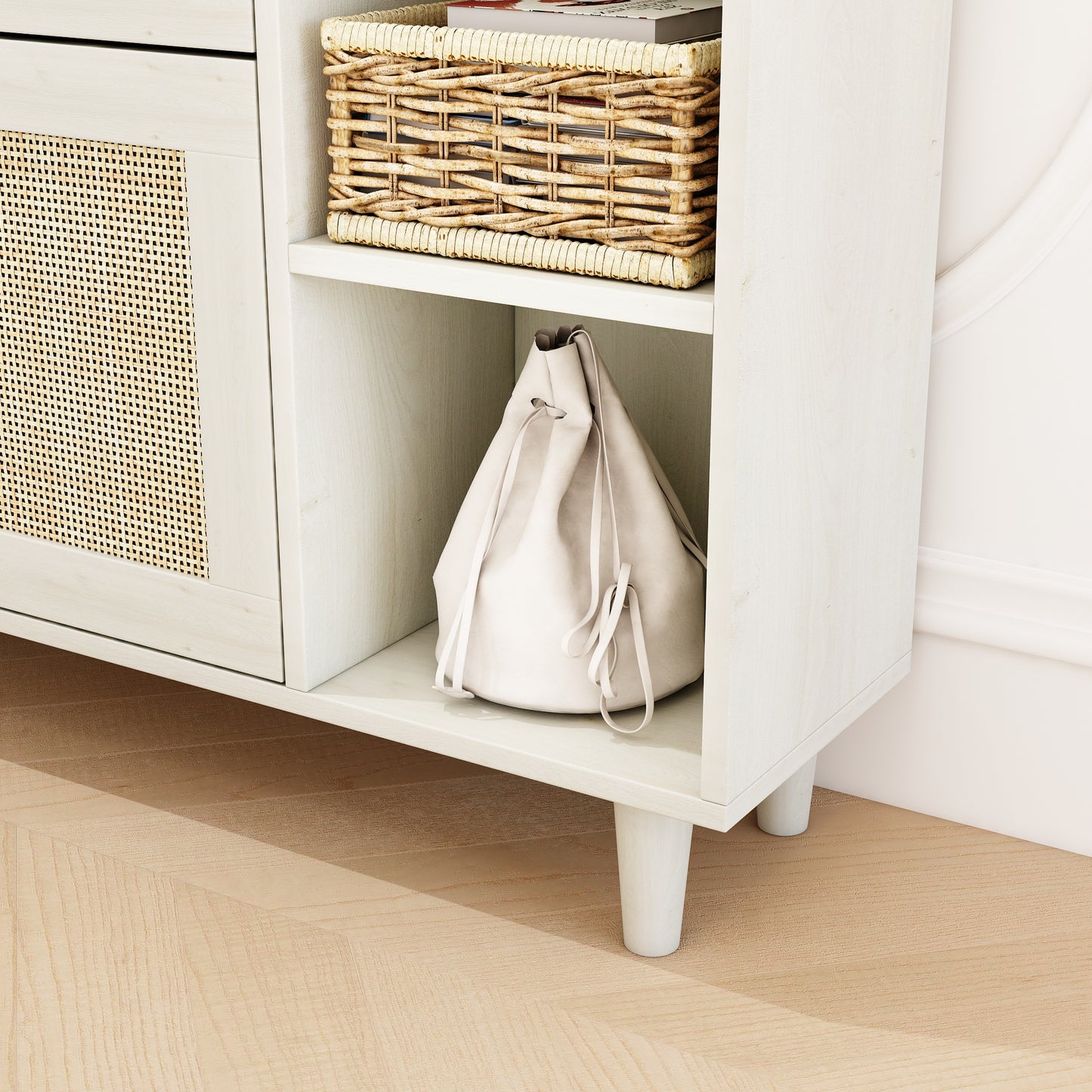 Natural Bohemian style shoe cabinet with 3 rattan flip drawers, 3 square shelves, and 1 storage drawer, white