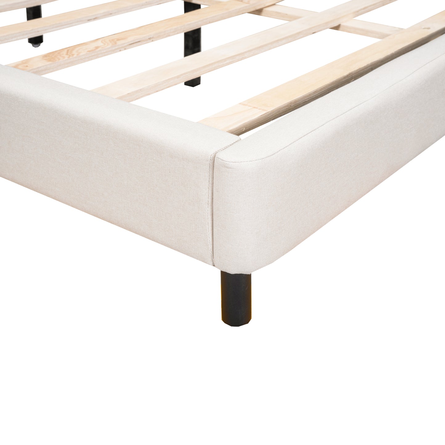 Queen Size Upholstered Platform Bed with LED Lights and U-Shaped Headboard, Linen Fabric, Beige