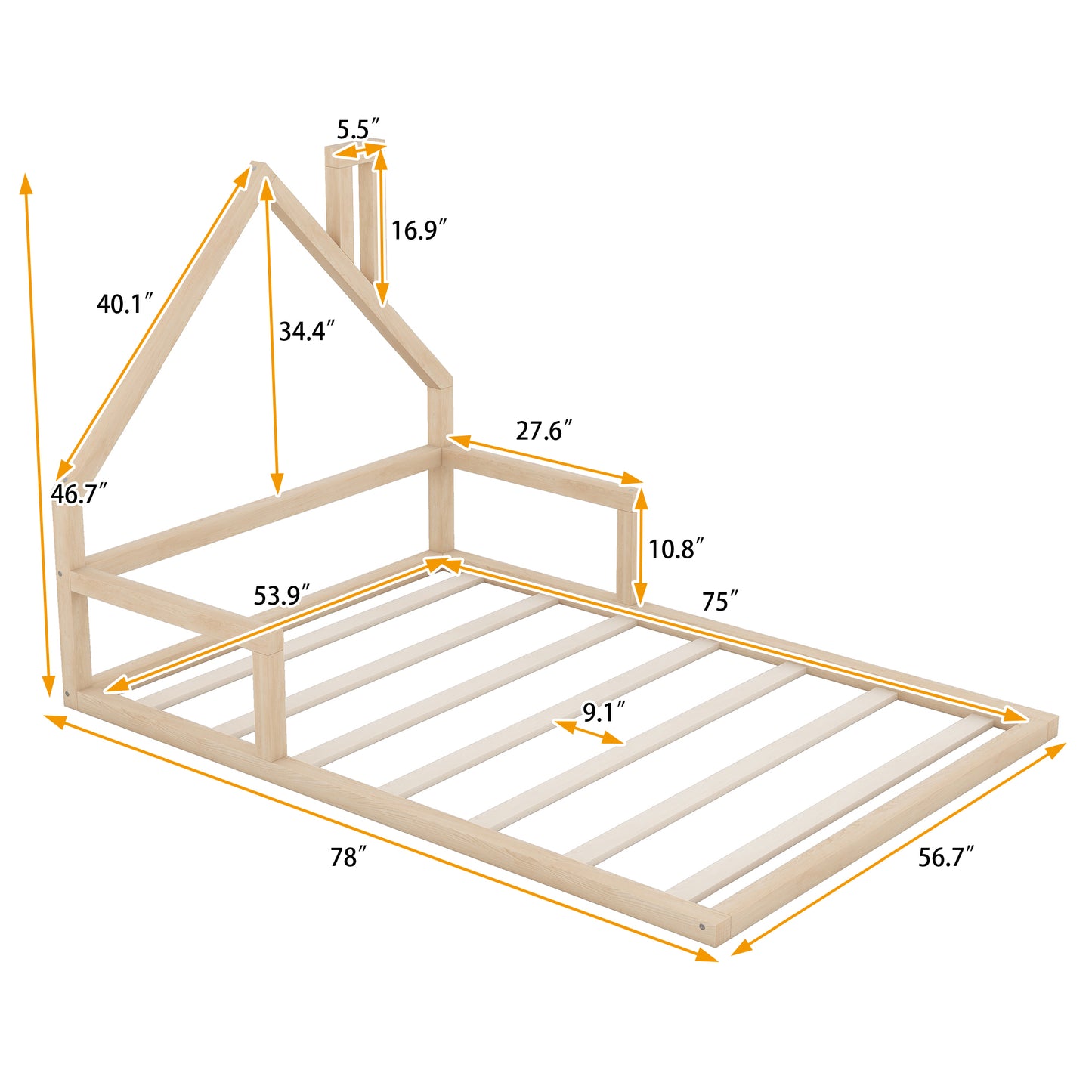 Full Size Wood Floor Bed with House-shaped Headboard  Natural