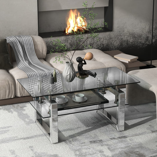 39.4" x 19.7" Transparent Tempered Glass Coffee Table, Modern Design for Living Rooms