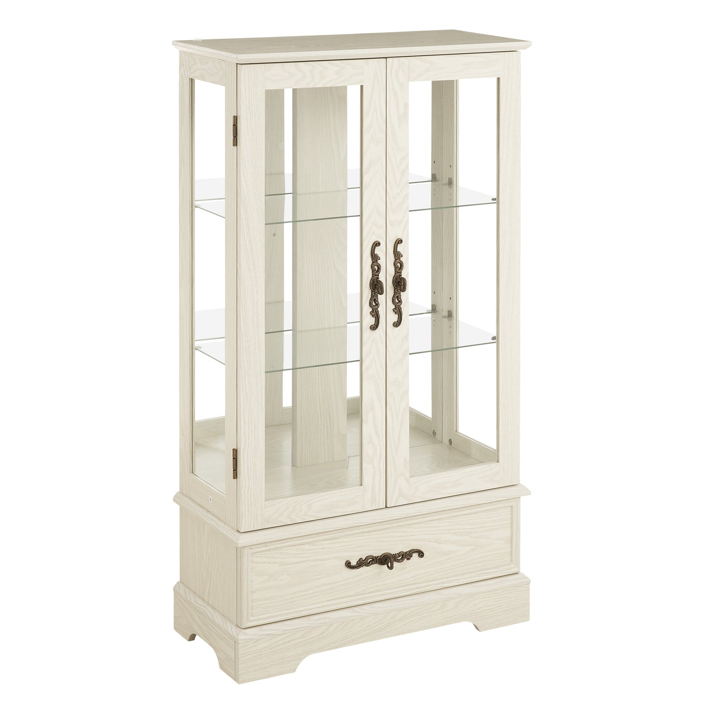 Light colored glass cabinet Curio display cabinet with adjustable glass frame, 2 doors and 1 drawer, including white light bulbs