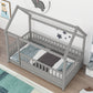 Twin Size Floor Wooden Bed with House Roof Frame Fence Guardrails Grey