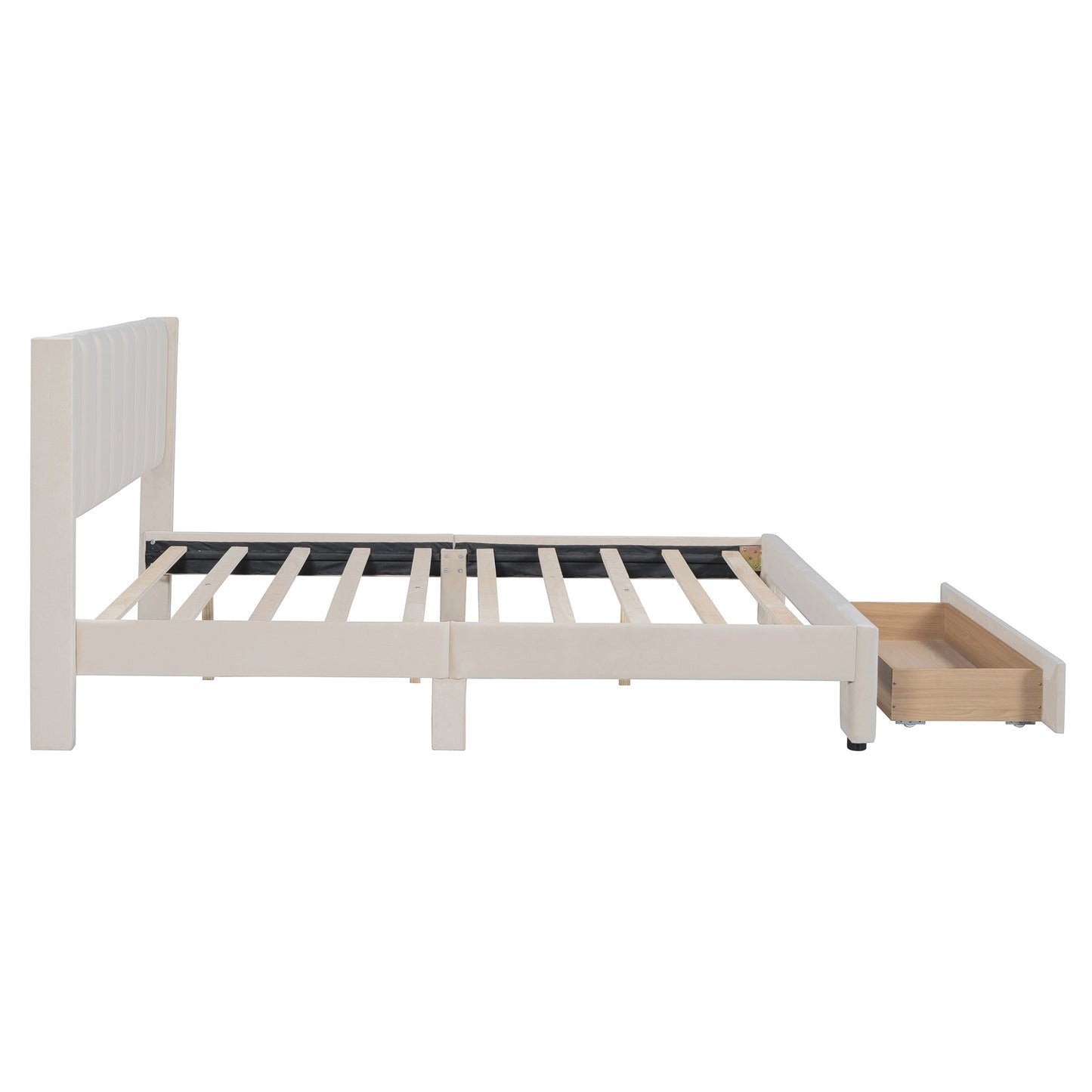 Queen Size Storage Bed Velvet Upholstered Platform Bed with a Big Drawer - Beige