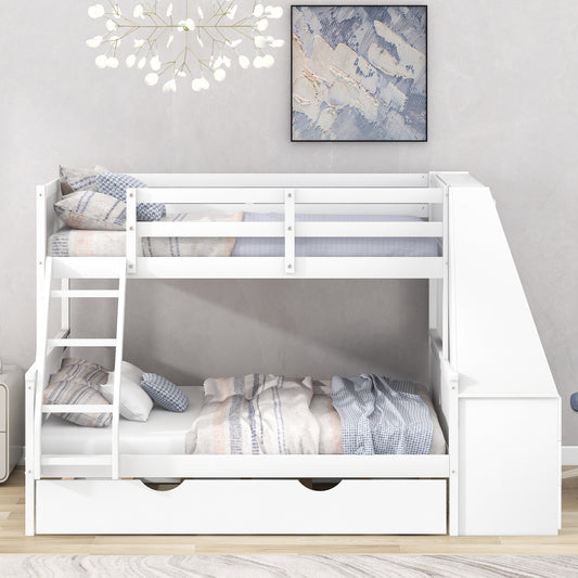 Twin Over Full Bunk Bed with Built-In Desk White