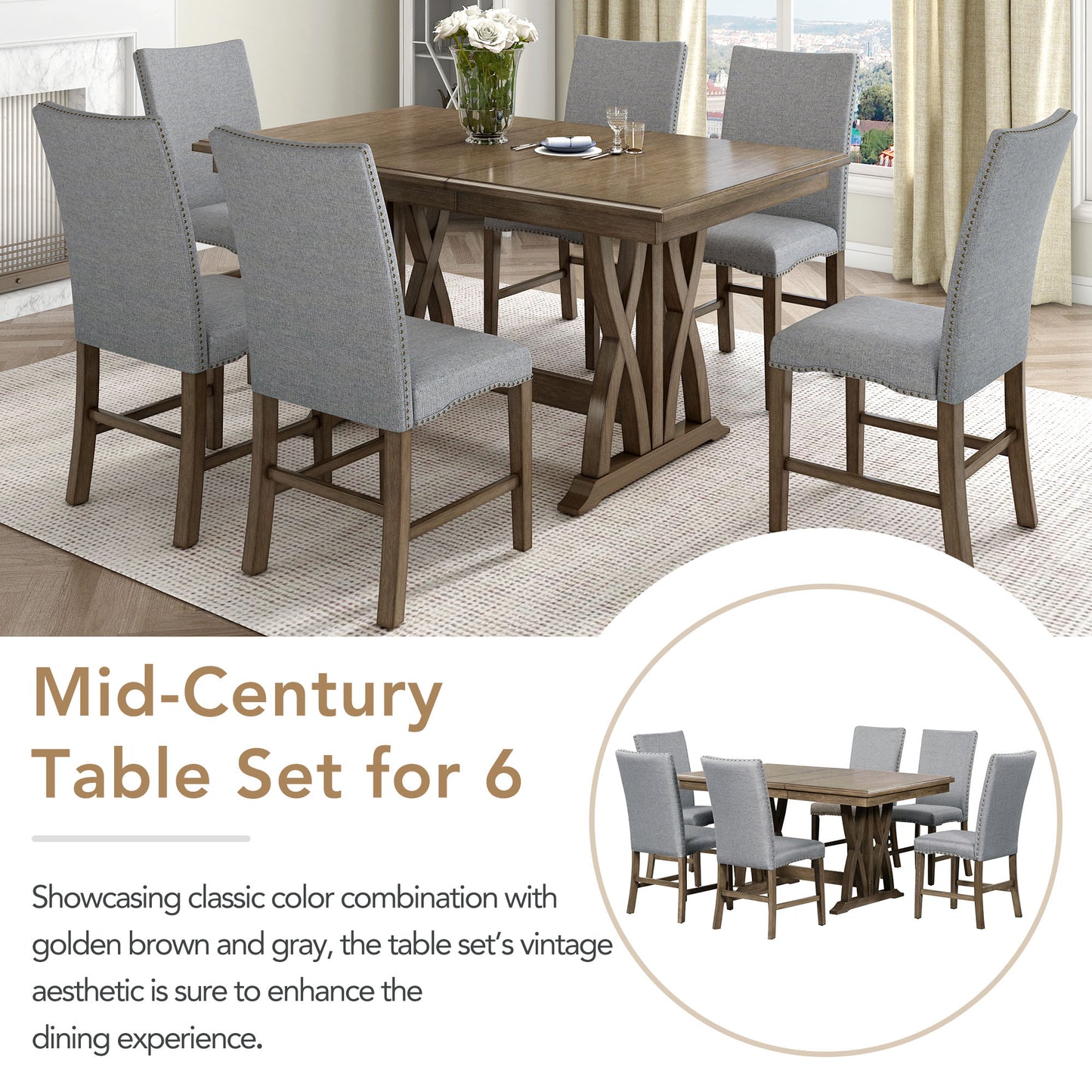 TOPMAX Mid-Century Solid Wood 7-Piece Expandable Dining Table Set with Soft Cushioned Chairs, Gold Brown and Gray