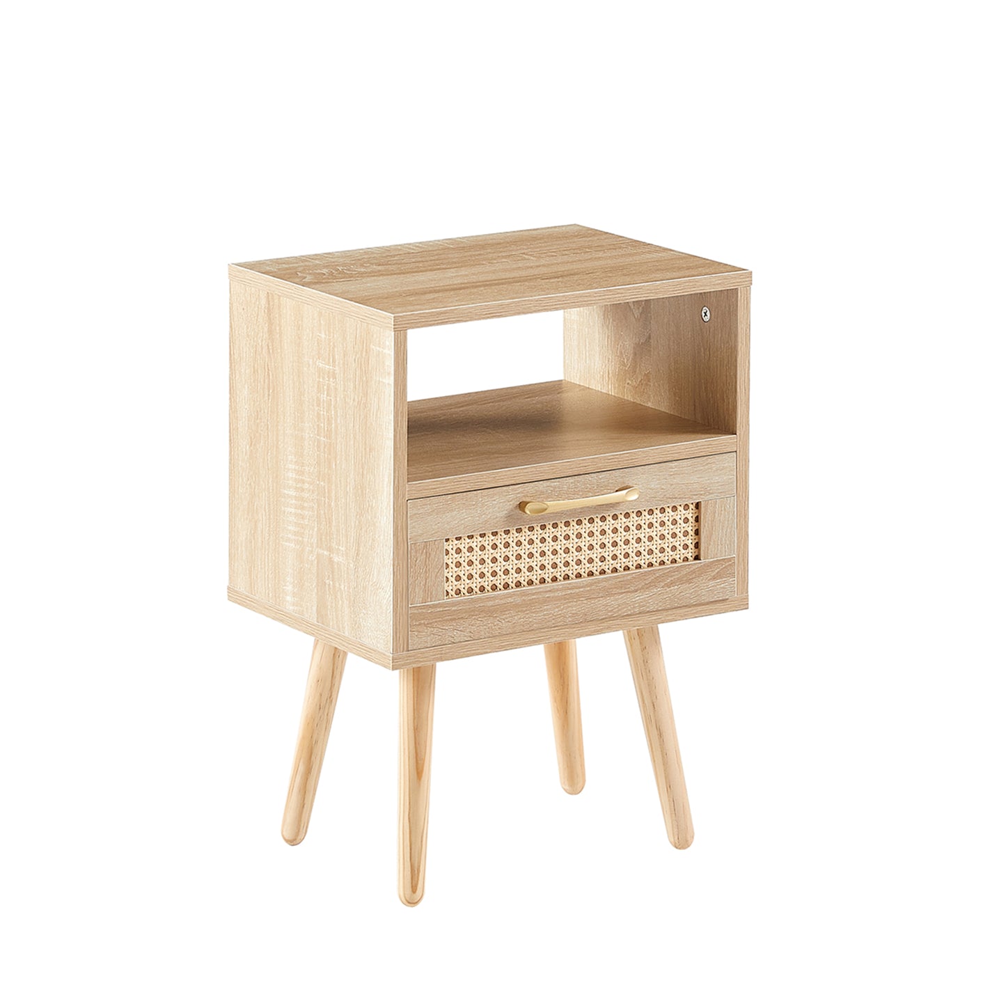 Rattan End table with drawer and solid wood legs Modern nightstand side table for living room natural