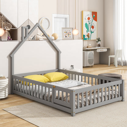 Full House-Shaped Headboard Floor Bed with Fence Grey