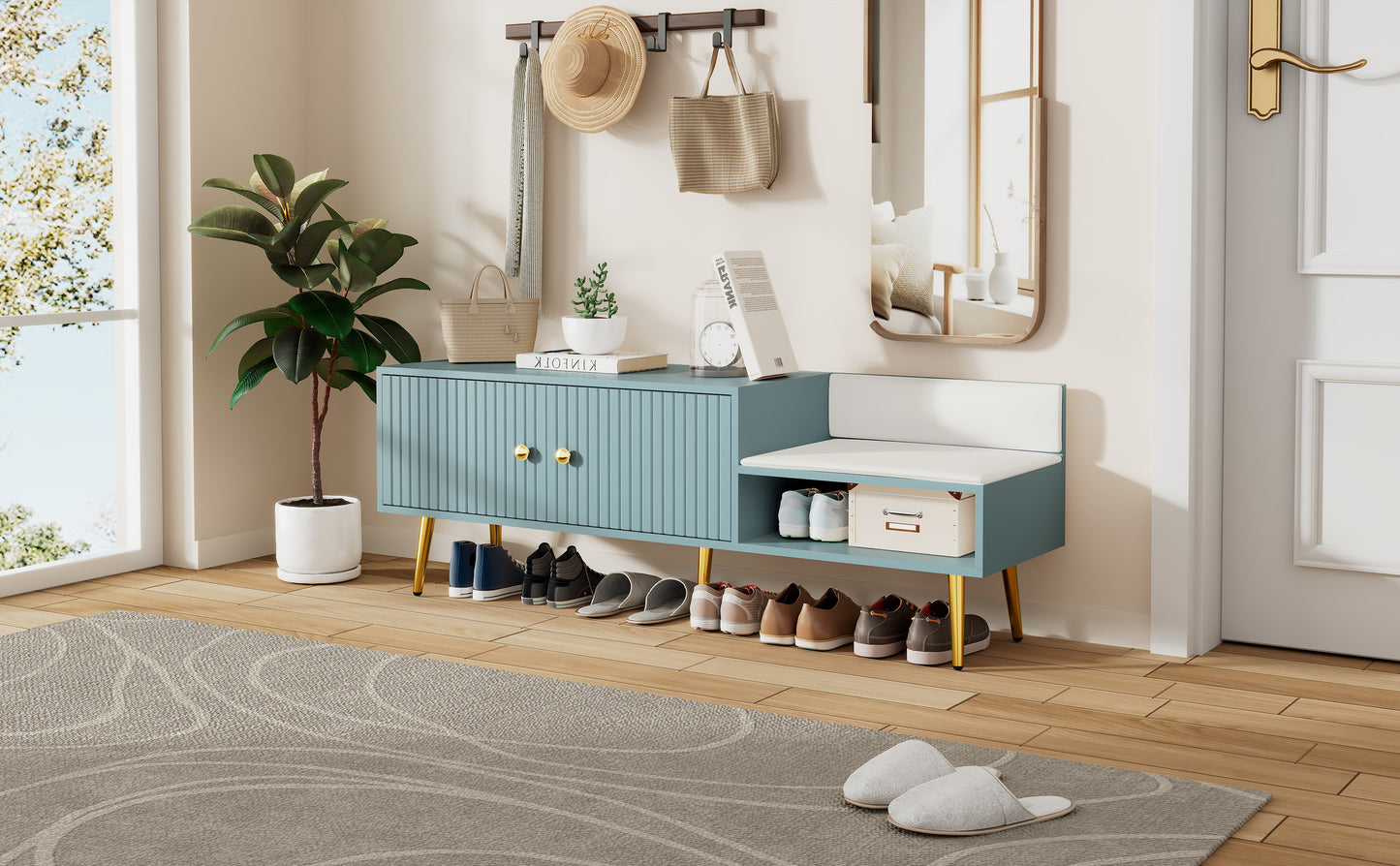 Modern Shoe Storage Bench with Hidden Storage and Upholstered Cushions, Tiffany Blue Finish