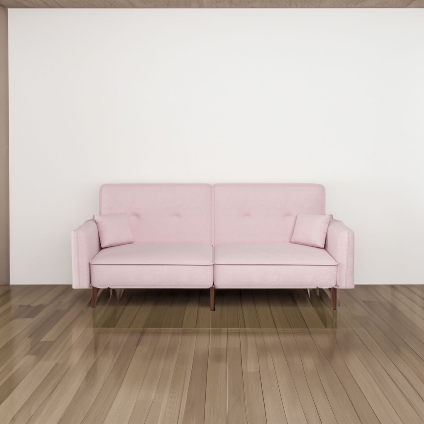 Sofá cama convertible con patas de madera y tapizado de terciopelo en color rosa para salones modernos