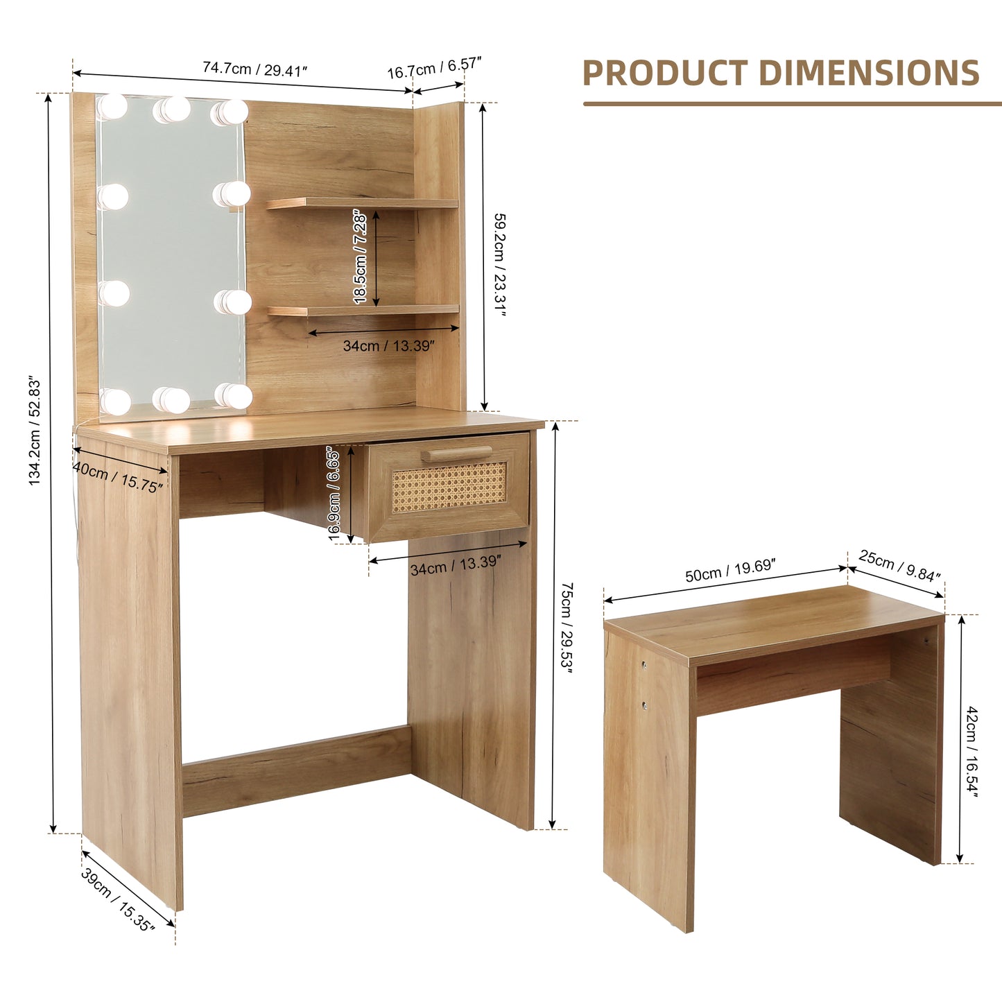 Vanity Desk Set Stool & Dressing Table with LED Lighting Mirror Drawer and Wood Cosmetic Table Chest of Drawers Nature Color