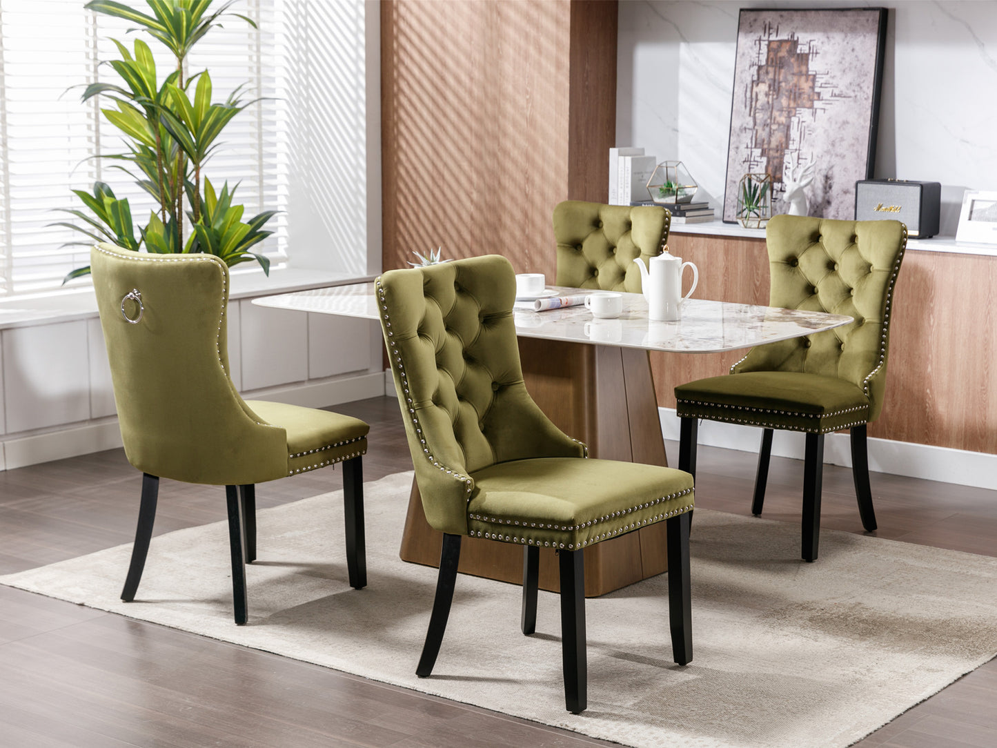 High-end Tufted Solid Wood Contemporary Velvet Upholstered Dining Chair with Wood Legs Nailhead Trim 2-Pcs Set Olive-Green