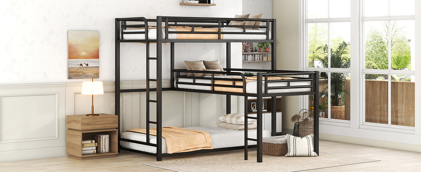 L-shaped Metal Triple Twin Size Bunk Bed, Black