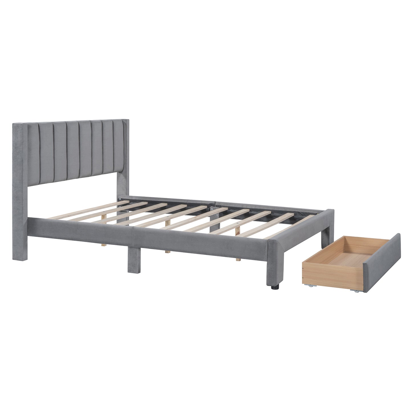 Full Size Storage Bed Velvet Upholstered Platform Bed with a Big Drawer - Gray