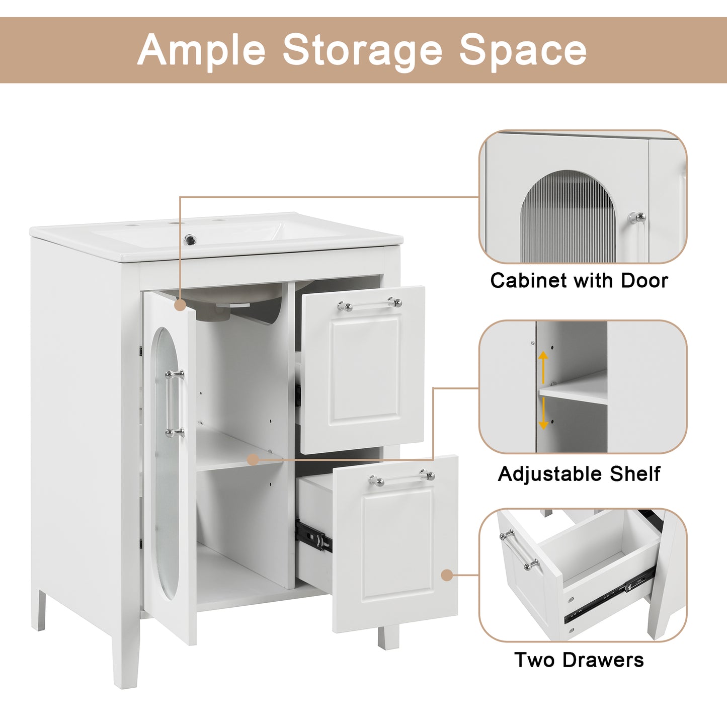 Bathroom Vanity with Sink, Bathroom Vanity Cabinet with Two Drawers and Door, Adjustable Shelf, Solid Wood and MDF, White