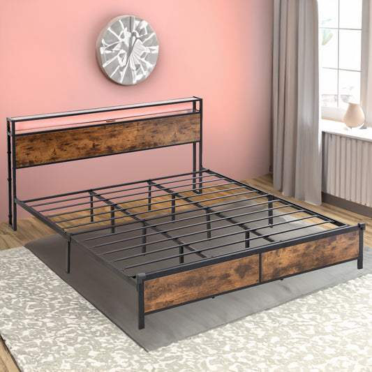 Industrial extra large bed frame with LED lights and 2 USB ports, extra large bed frame with storage space, rural brown color