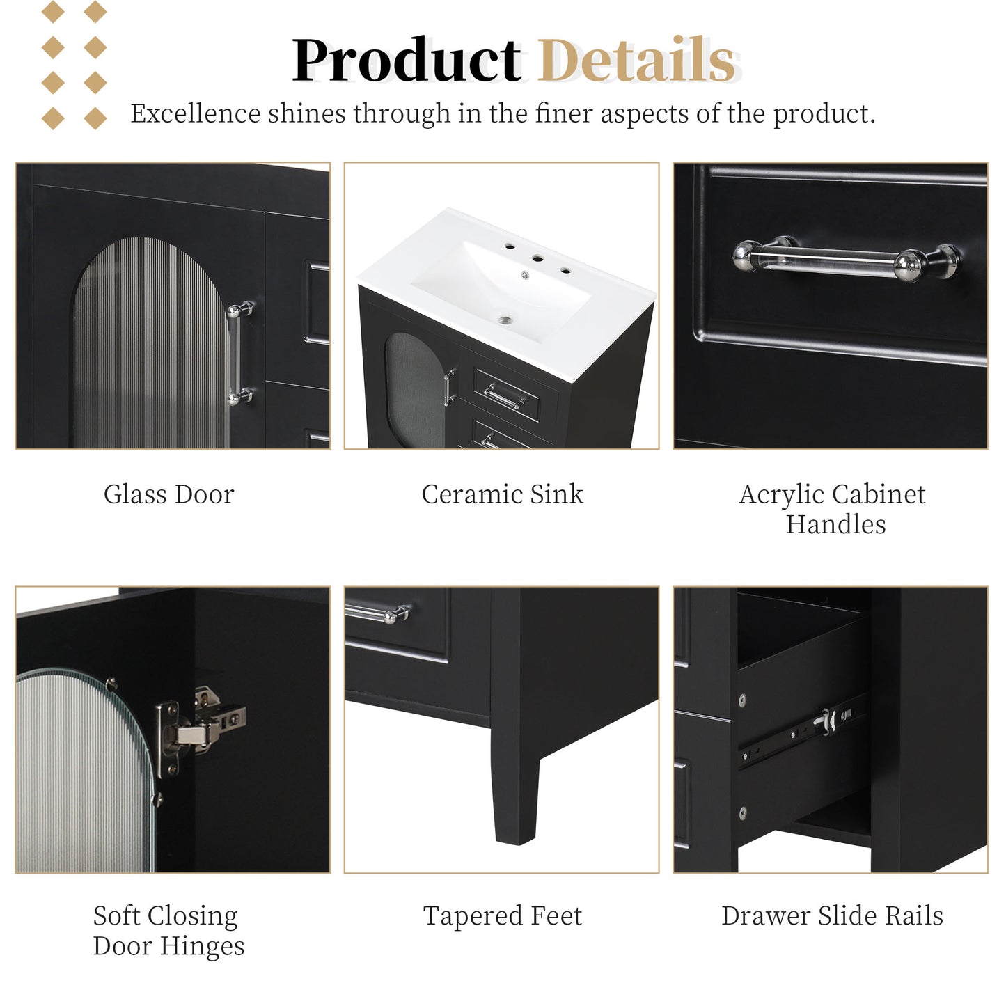 Bathroom Vanity with Sink, Bathroom Vanity Cabinet with Two Drawers and Door, Adjustable Shelf, Solid Wood and MDF, Black