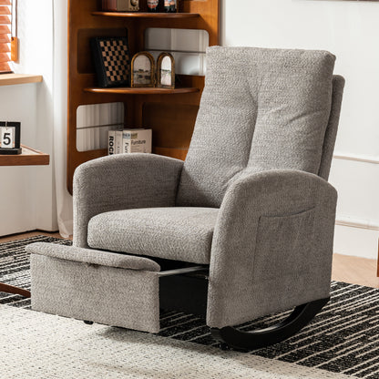 Sillón mecedor con reposapiés, diseño de respaldo alto y patas de madera de caucho para dormitorios y espacios de estar