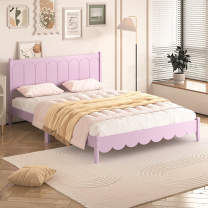 Queen Size Wood Platform Bed Frame, Retro Style Bed with Rectangular Headboard,No Need Box Spring,Pink