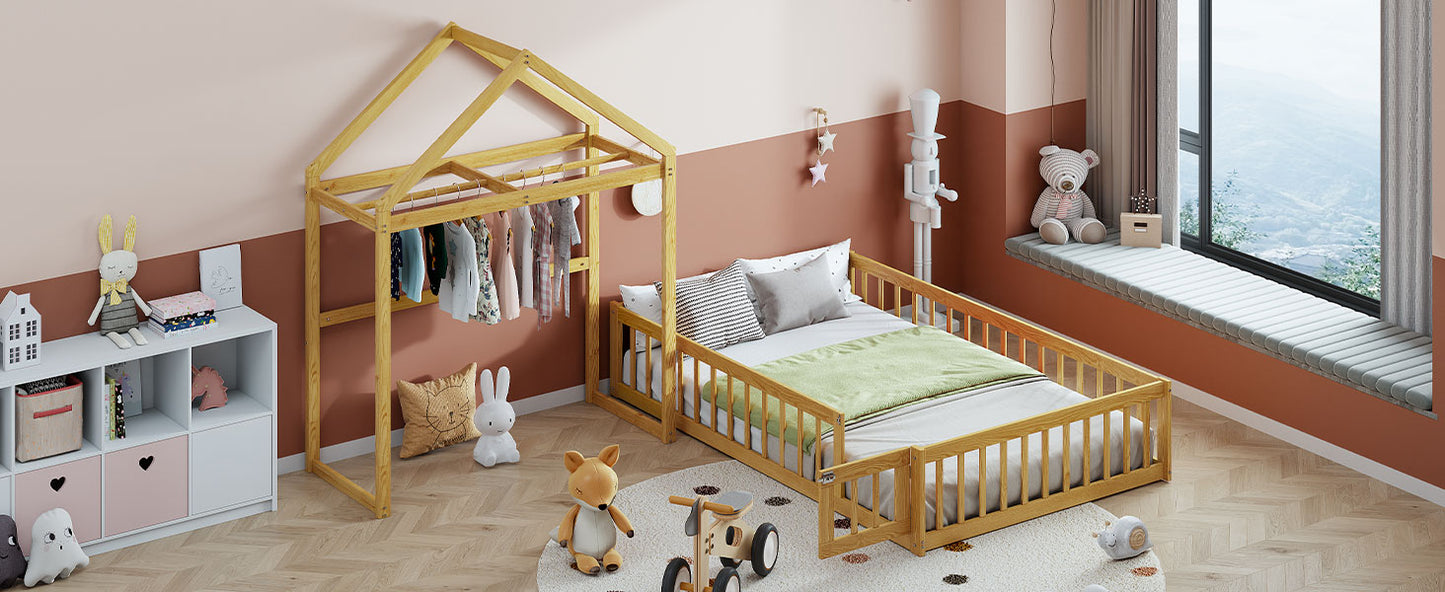 Wooden Full Size Children's Bed with Detachable Headboard and Integrated Clothes Drying Rack, Natural