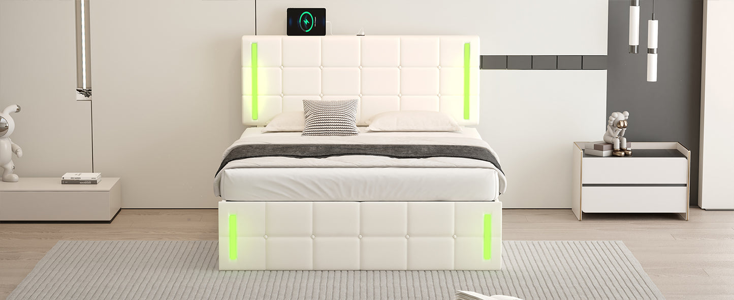 Cama tapizada de tamaño completo con luces LED, sistema de almacenamiento hidráulico y estación de carga USB, acabado blanco