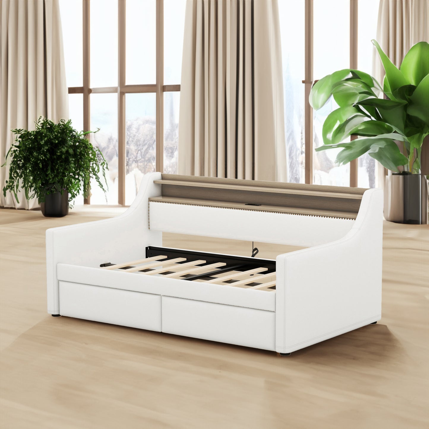 Twin Size Daybed with Drawers, Upholstered Daybed with Charging Station and LED Lights, White