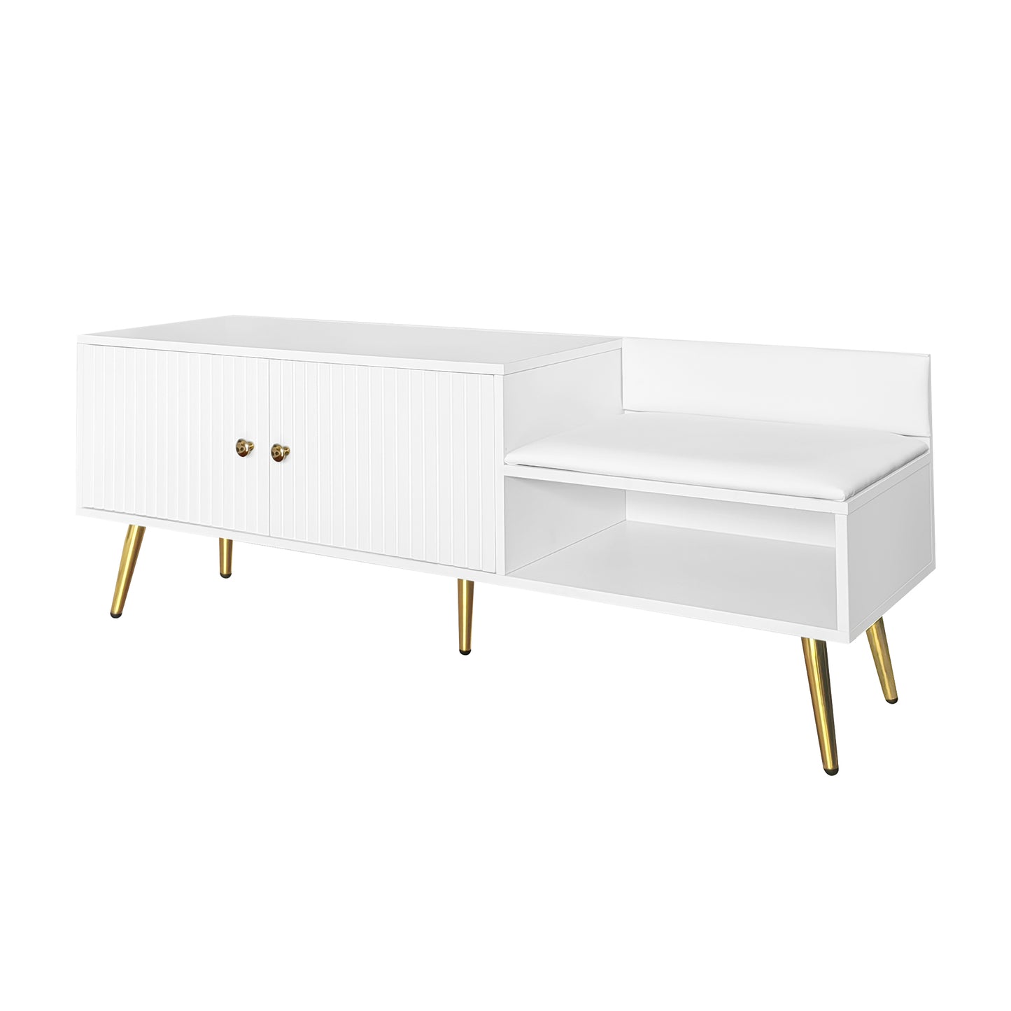 Modern Shoe Storage Bench with Hidden Storage and Upholstered Cushions, White Finish