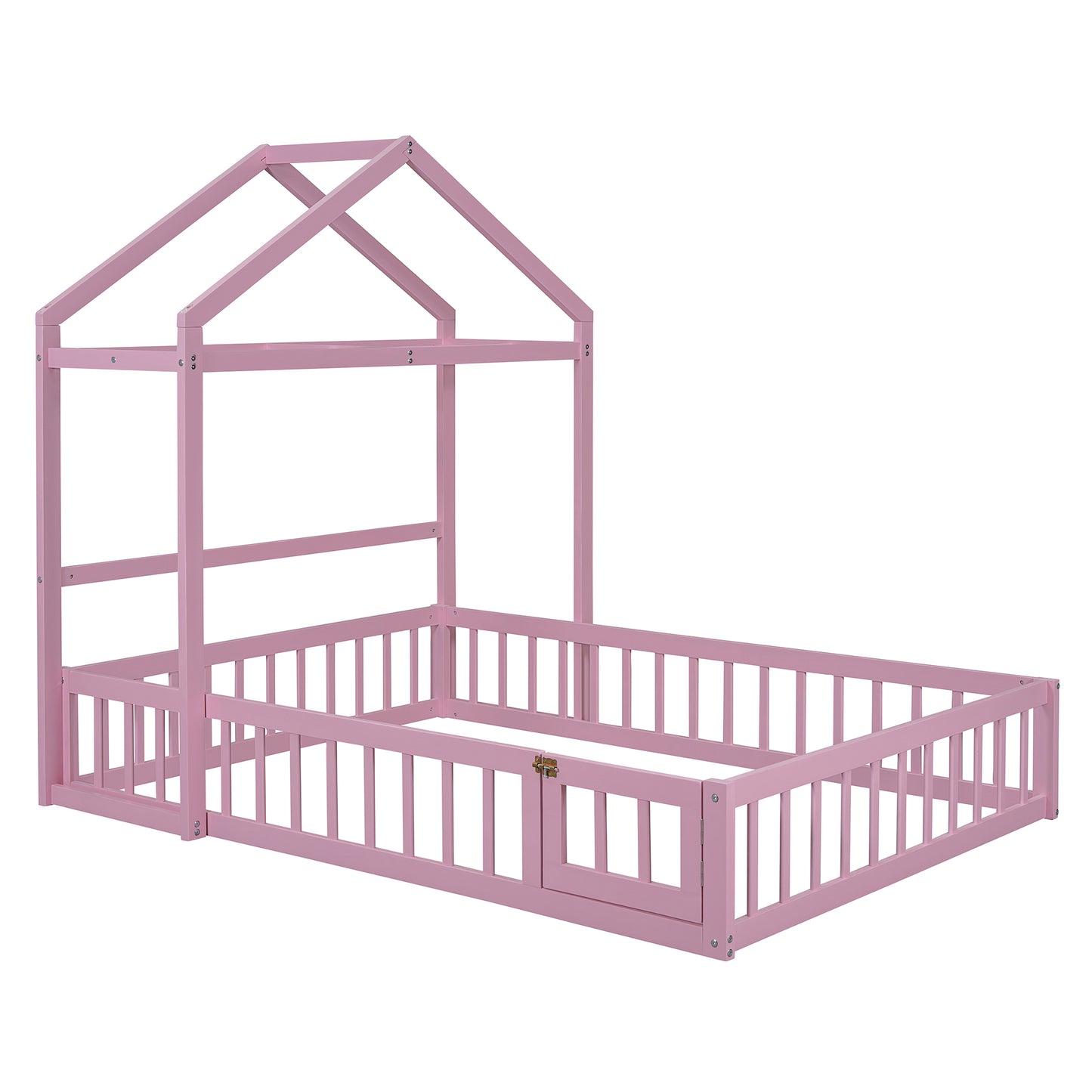 Wooden Full Size Children's Bed with Detachable Headboard and Integrated Clothes Drying Rack, Pink