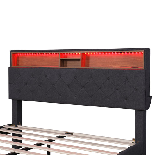 Cama tamaño queen tapizada con plataforma, cabecero con espacio de almacenamiento, luces LED, carga USB y 2 cajones, color gris oscuro