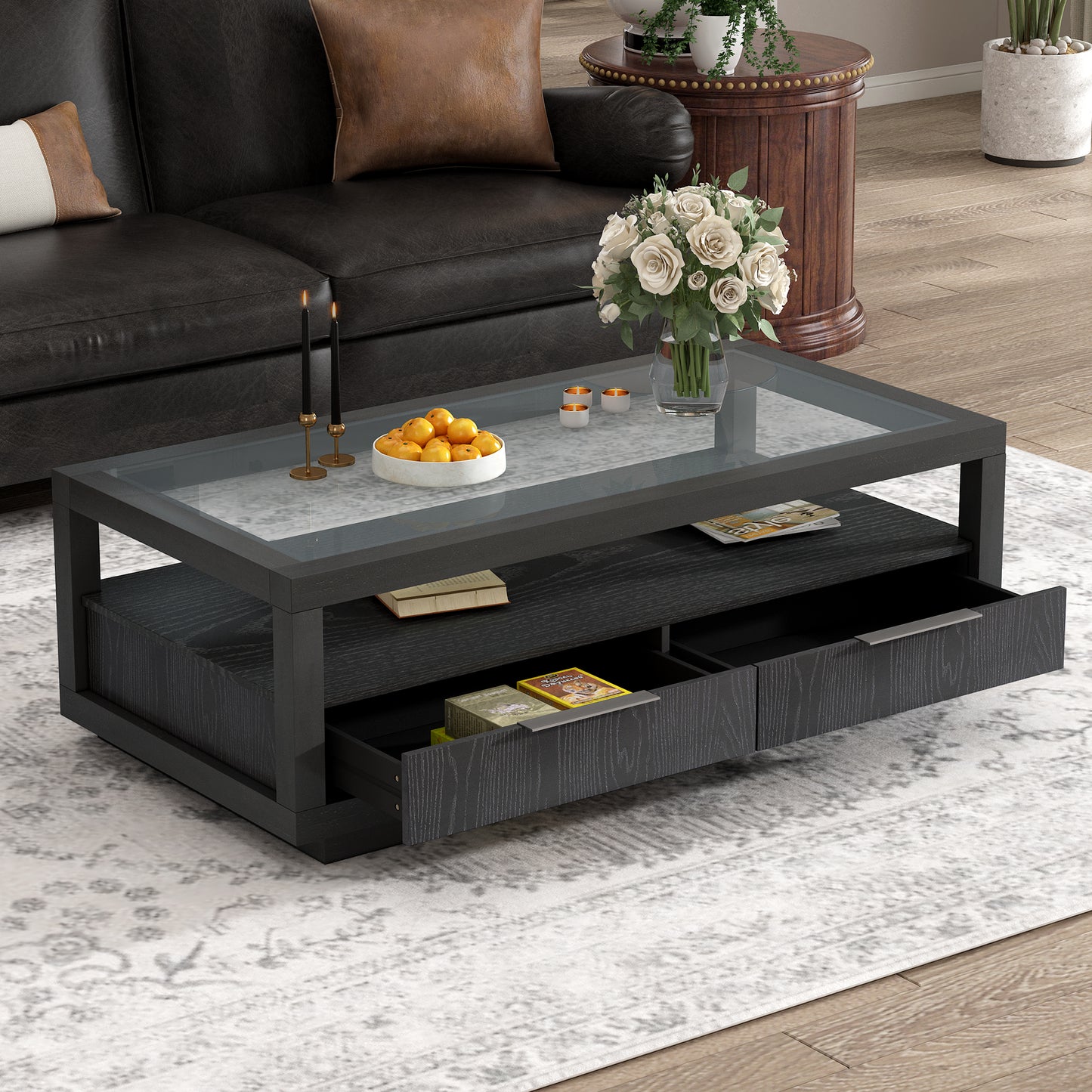 U-Can modern wooden coffee table with 2 drawers and minimalist display coffee table with transparent tempered glass