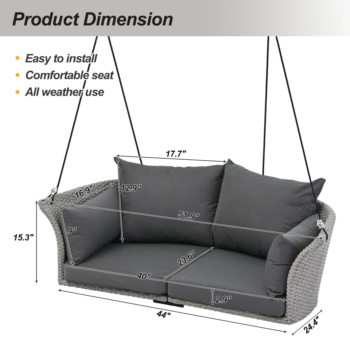 2-Person Hanging Seat, Rattan Woven Swing Chair, Porch Swing With Ropes, Gray Wicker And Cushion