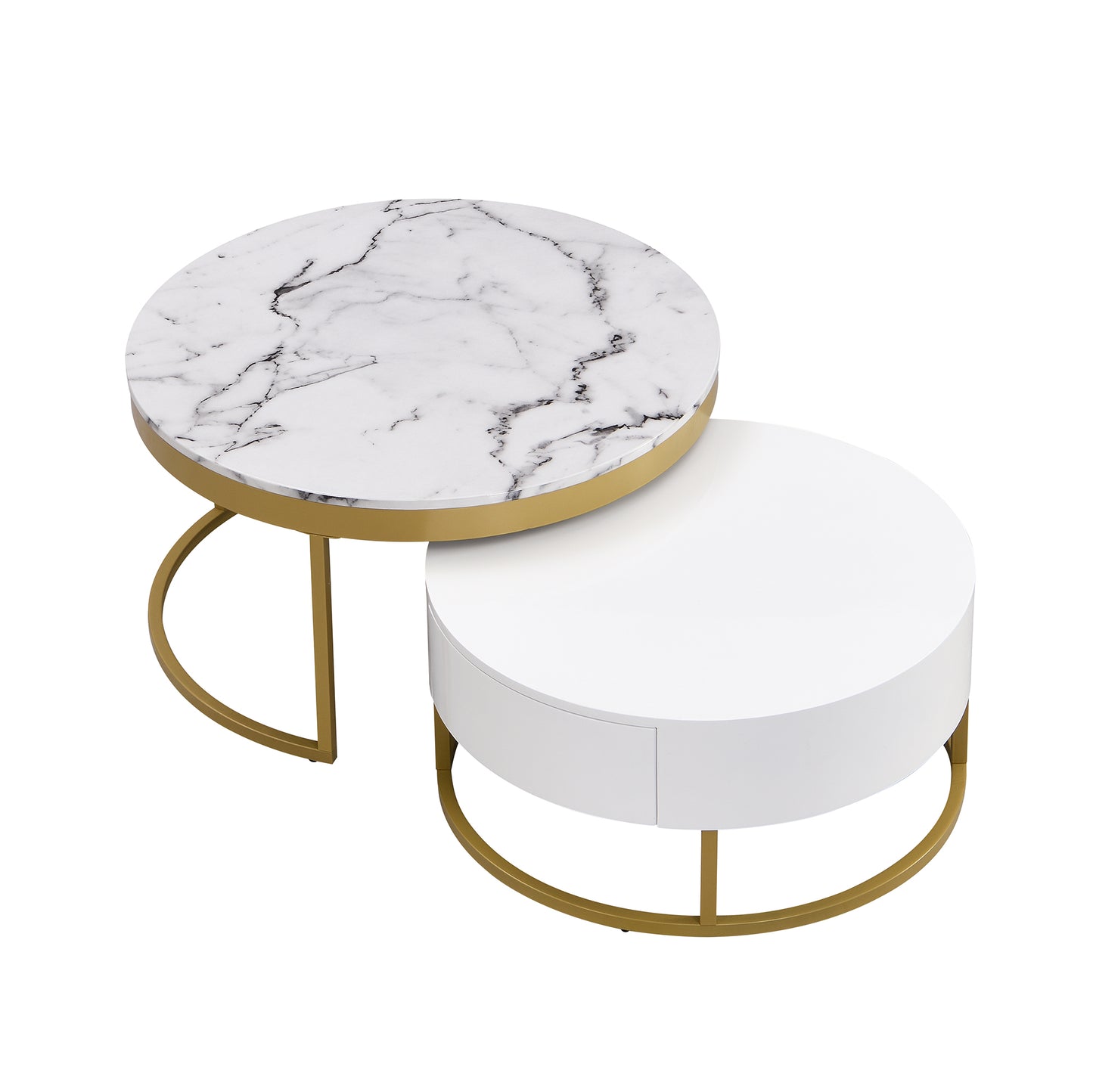 Modern Round Nesting Coffee Table with Drawers, White Finish for Living Rooms