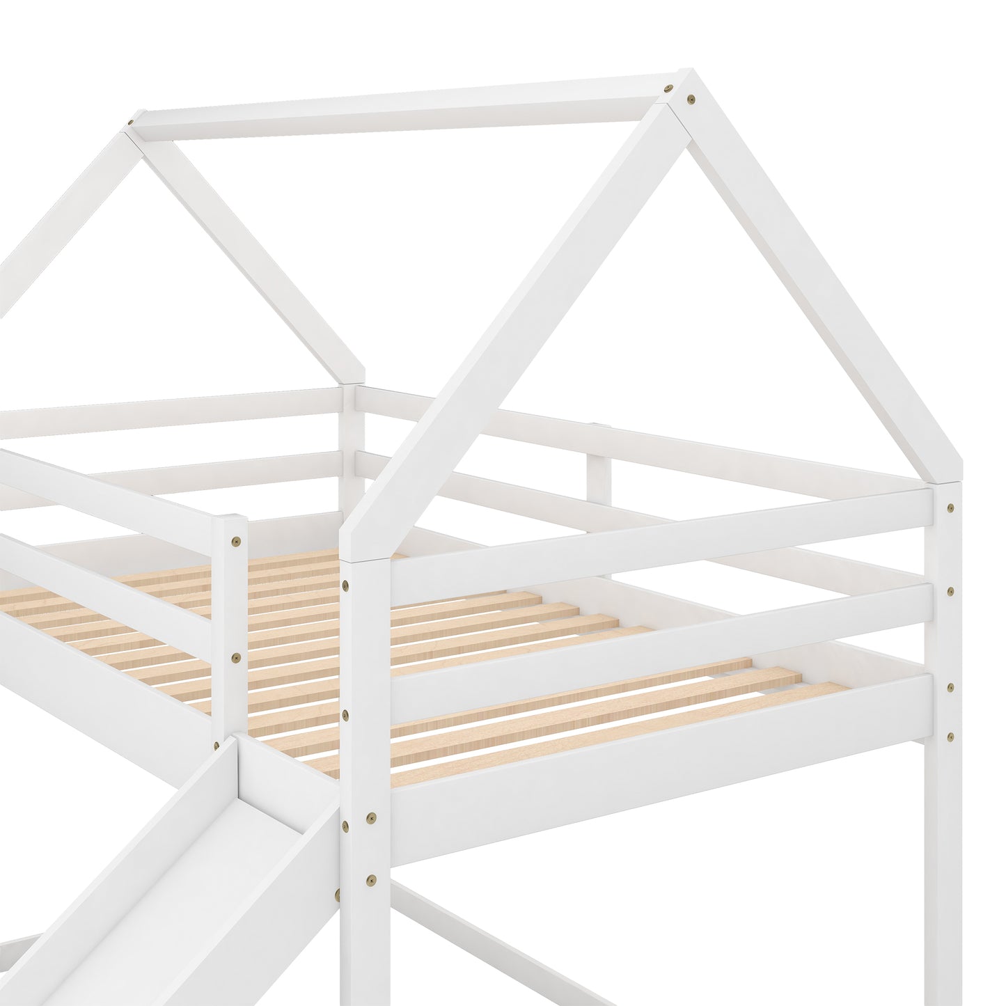 Twin Size Bunk House Bed with Slide and Ladder White