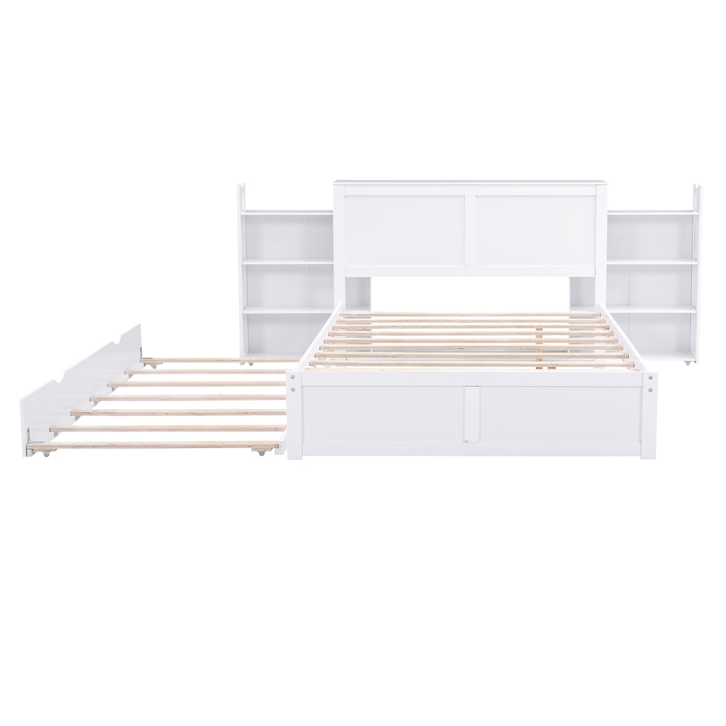 Full Size Storage Platform Bed with Pull Out Shelves and Twin Size Trundle, White