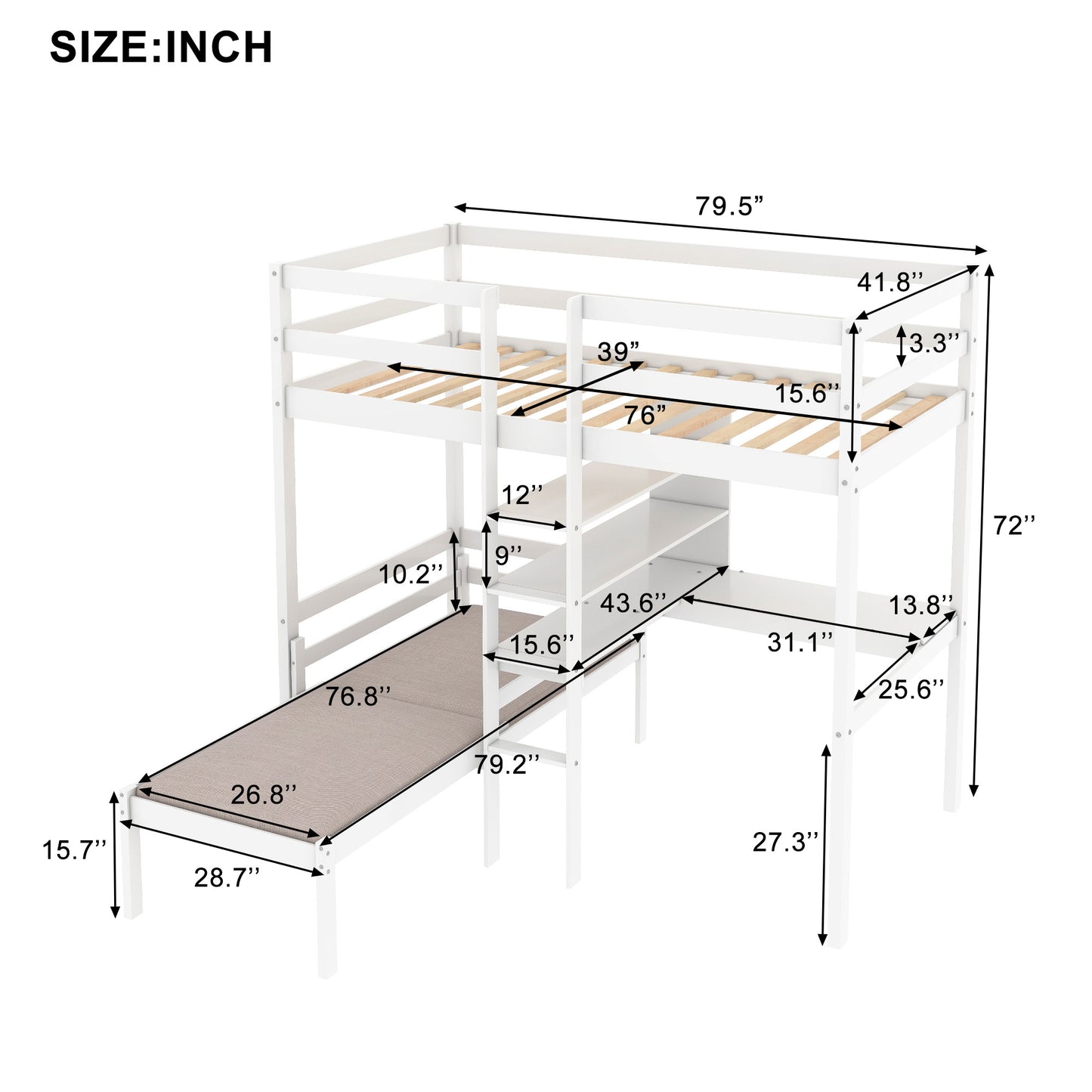 Convertible Loft Bed with L-Shape Desk, Twin Bunk Bed with Shelves and Ladder White