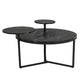 Modern coffee table with two display shelves, Black Faux marble surfaces, Tripod-inspired base,Rounded tabletop edges