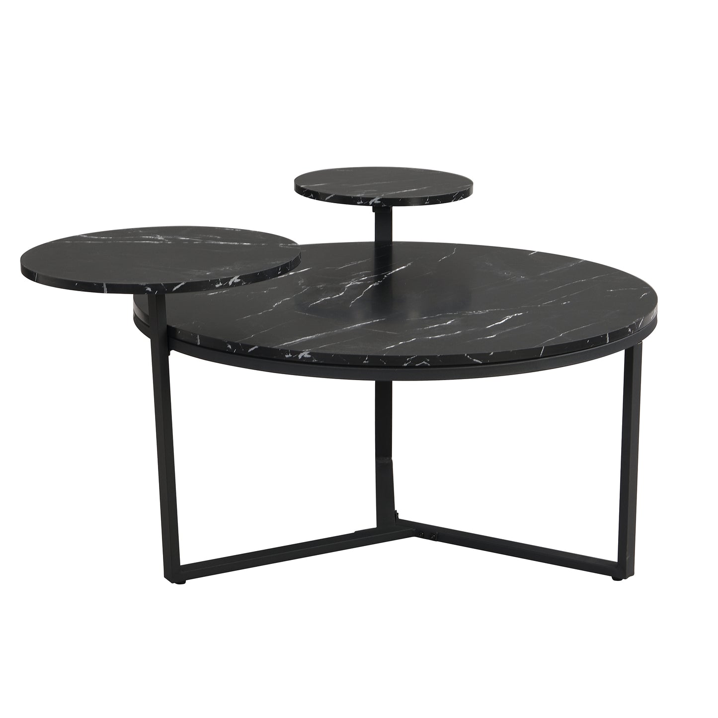 Modern coffee table with two display shelves, Black Faux marble surfaces, Tripod-inspired base,Rounded tabletop edges