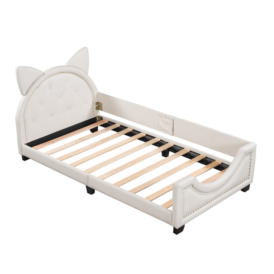 Twin Size Upholstered Daybed with Carton Ears Shaped Headboard  White