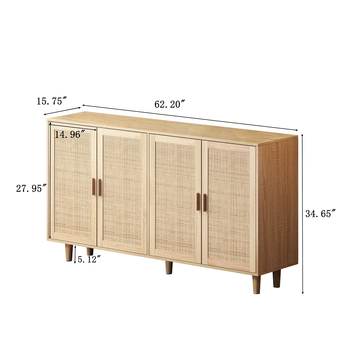 62.20" Elegant 4-Door Rattan Storage Cabinet, Decorative Design for Bedrooms, Living Rooms, and Offices