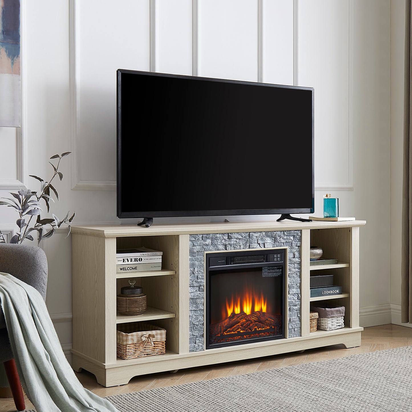 Mantel Electric Fireplace Stone TV Media Stand with Open Storage Console and 18-Inch Fireplace Insert, White