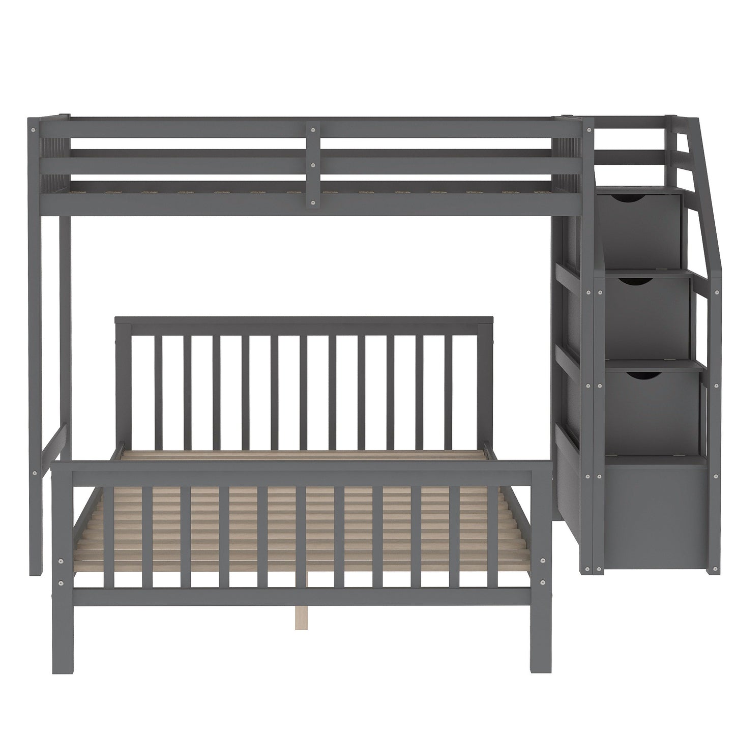 Twin over Full Loft Bed with Staircase Gray