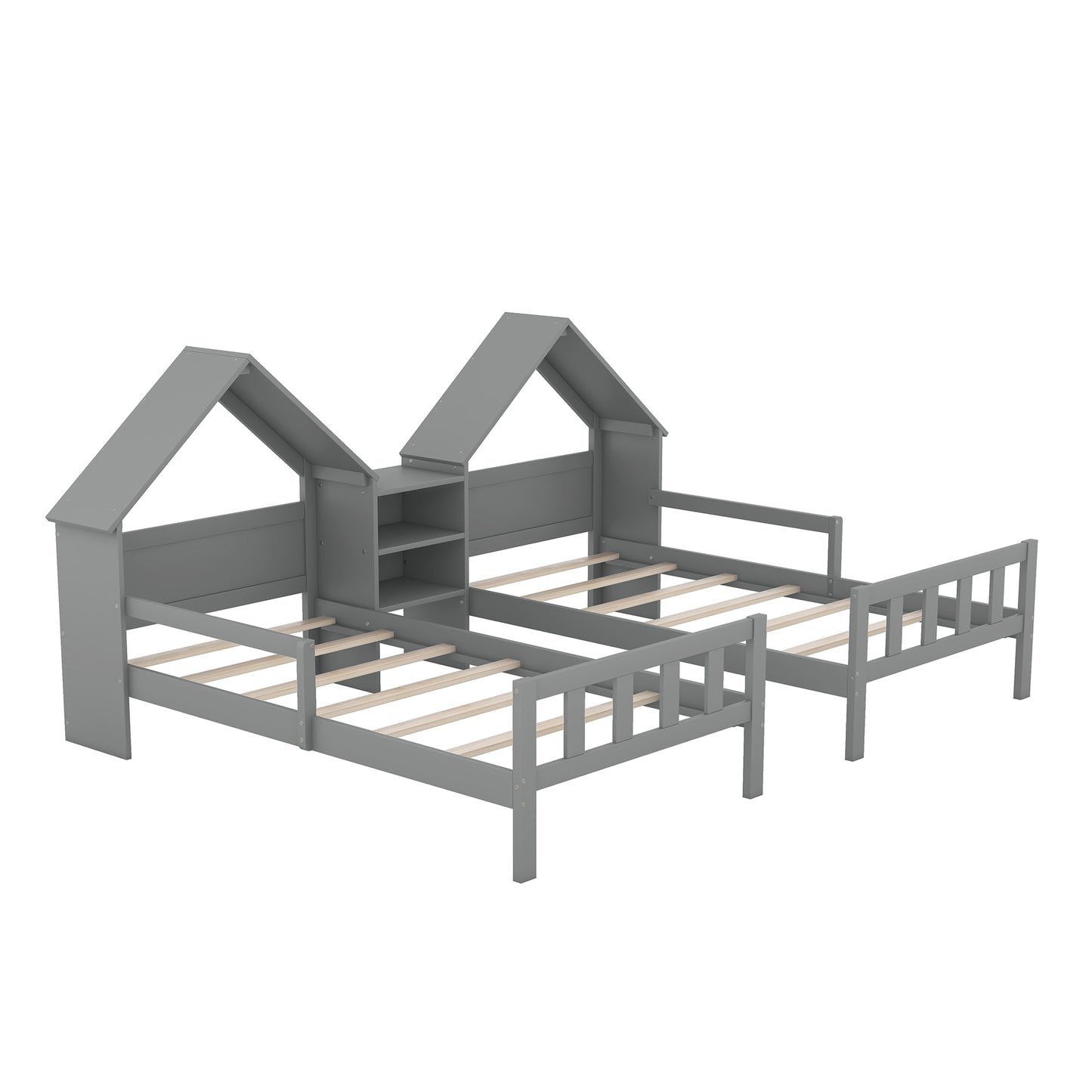 Double Twin Size Platform Bed with House-shaped Headboard and a Built-in Nightstand  Grey