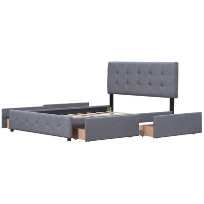 Linen Upholstered Platform Bed with Drawers Dark Gray